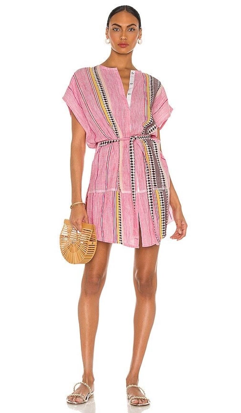 LEMLEM Neela Open Front Caftan Dress in Deep Pink Size L Tie Waist